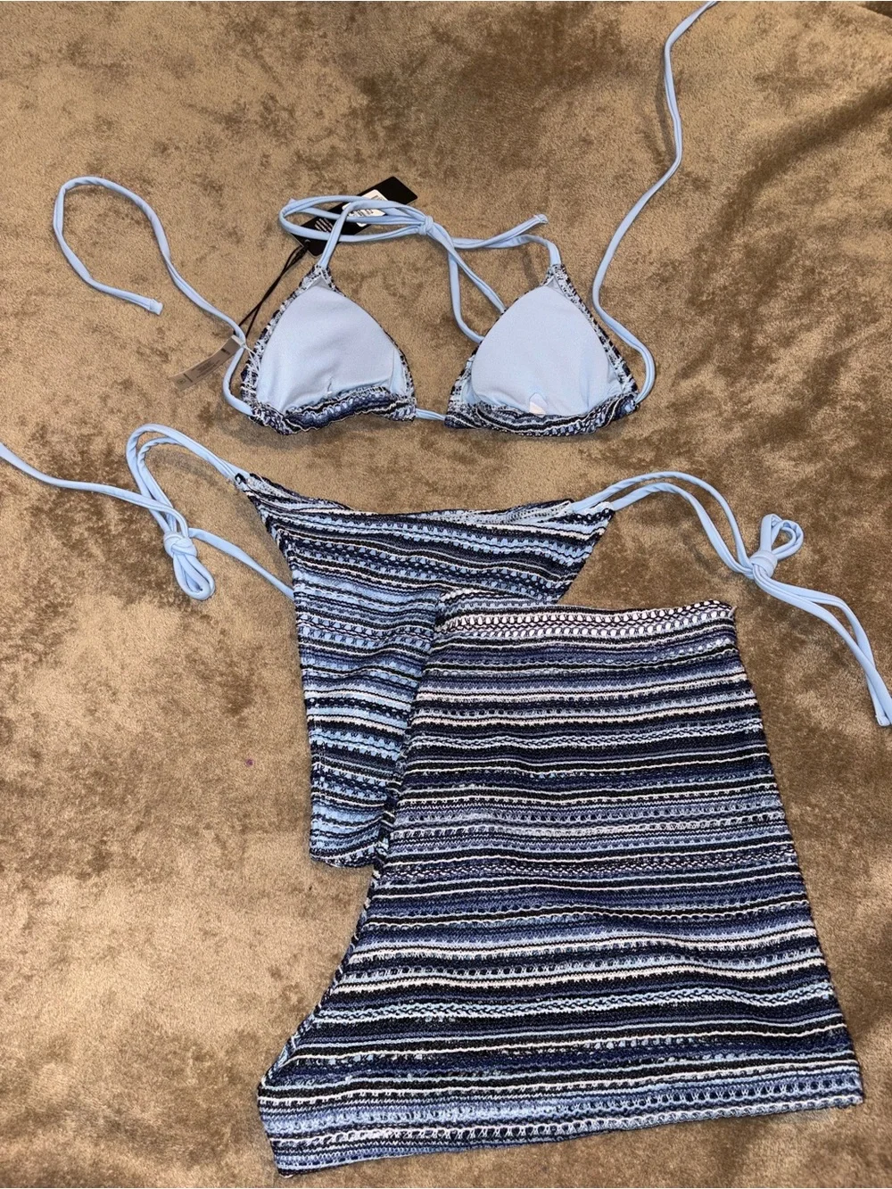 NWT Fashion Nova Blue & White Striped Tie-String Bikini 3pc Set